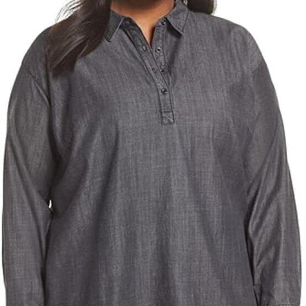 NWT Eileen Fisher Black Tencel/Organic Cotton Denim Classic Collar Shirt